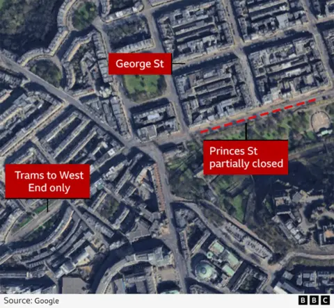 An aerial map showing Princes Street, George Street and the city centre of Edinburgh.