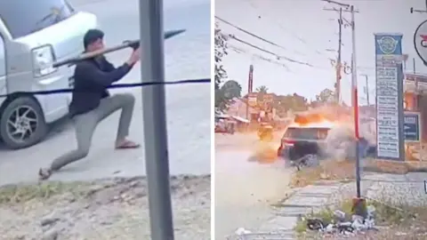 Split screen showing man holding rocket on the left, and car in flames after attack on the right