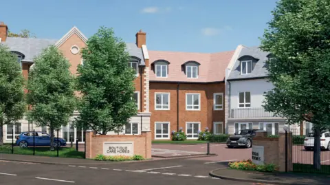 A CGI image of a care home, with cars in its car park and a sign that says "Boutique Care Homes"