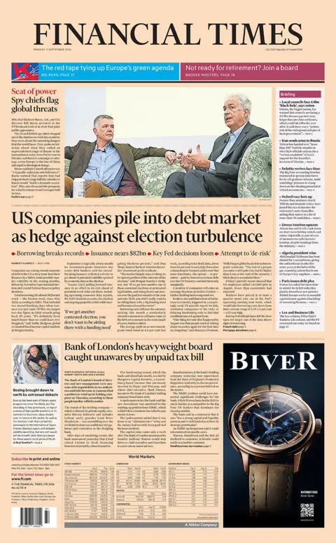 Financial Times headlines: "US companies pile into debt market as hedge against election turbulence"