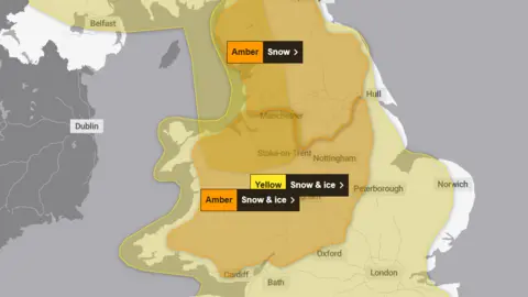 MET Office A map of the United Kingdom with the the north-west portion highlighted in amber and yellow to indicate weather warnings.