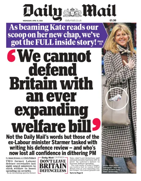 "'We cannot defend Britain with an ever expanding welfare bill'," reads the headline on the front page of the Daily Mail.