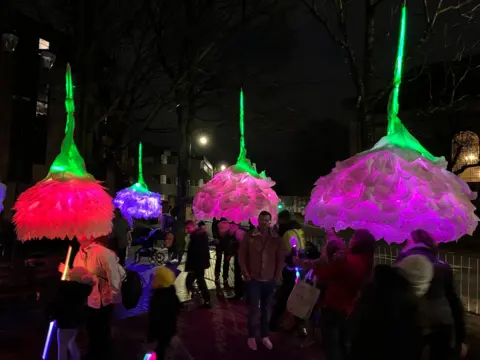 Worcester City Council Lights that look like flowers entertain the crowd
