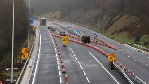 Getty Images Roadworks and traffic cones can be seen on the multi-lane road with cars diverted, on the Heads of the Valleys road in Brynmawr, Wales in December 2020.