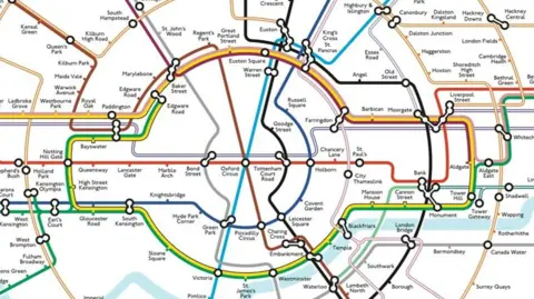 Maxwell Roberts A section of a colour-coded Tube map shaped a bit like a wheel, showing how each of the 11 lines connect