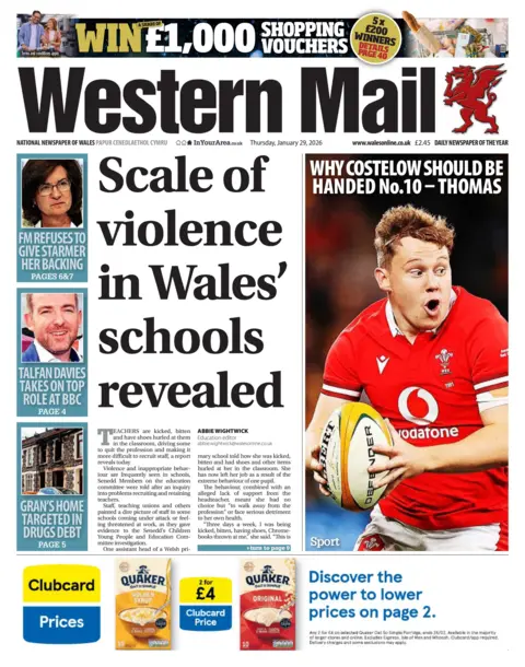 Western Mail Western Mail front page. Headline is: "Scale of violence in Wales' schools revealed"