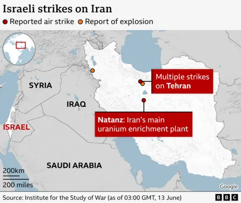 A map showing locations of Israeli strikes on Iran