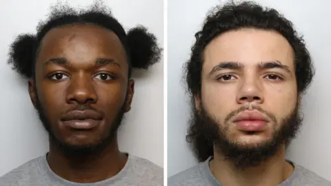 A composite photo of two people in grey jumpers in a prison mug shot.