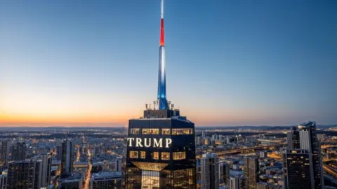 A sunset over Miami as a tall building overlooks the city with the word TRUMP across the top