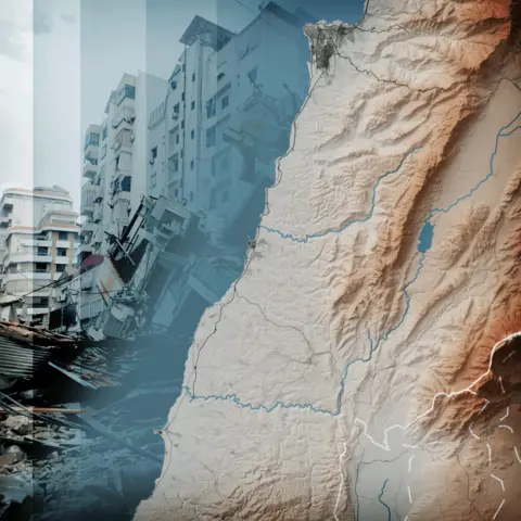 BBC A alleviation  representation  of Lebanon showing the mountains to the eastbound  of Beirut with a photograph   of damaged buildings imposed successful  the background.