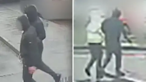 Two photos side by side. On the left: two men walking side by side in black with blurred faces, hoods up and black shoes walking on a wet looking pavement. On the right: two men's back, walking away side by side. The one on the left is wearing a yellow high viz jacket. The background is blurred out.