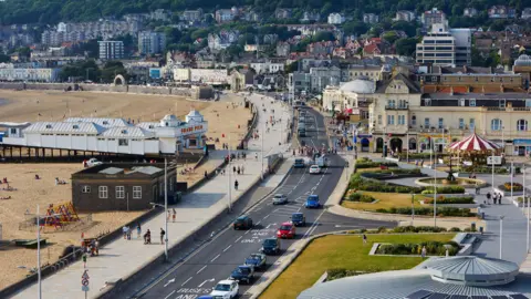 Getty Images View of the Weston-super-Mare beach front from above. The Grand Pier is to the left and the pavillion on the bottom right.