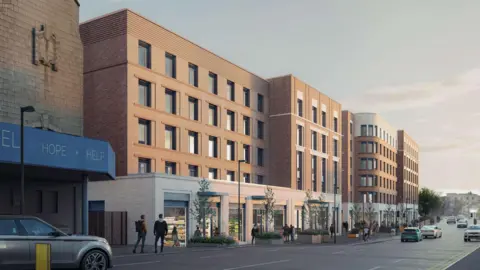 Corstorphine & Wright/Fusion Group/Tri7 CGI image of five and six-storey red brick blocks