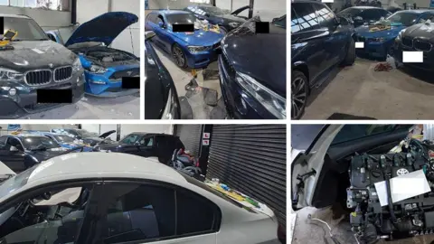 West Midlands Police Composite image of several high-end cars, including BMWs, Mustangs and Range Rovers in various states of disrepair in a garage