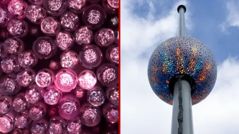Split image left: close up of round crystals, right: wide shot of NYC ball