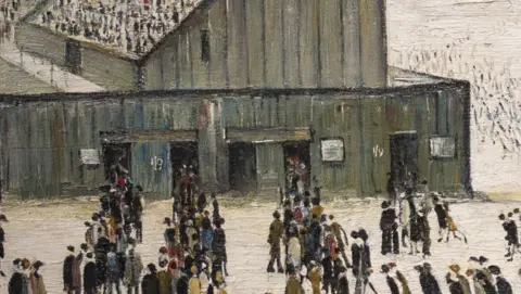 close-up of Lowry's Going to the Match painting showing matchstick-esque people filind into the terrace stands of Burnden Park stadium