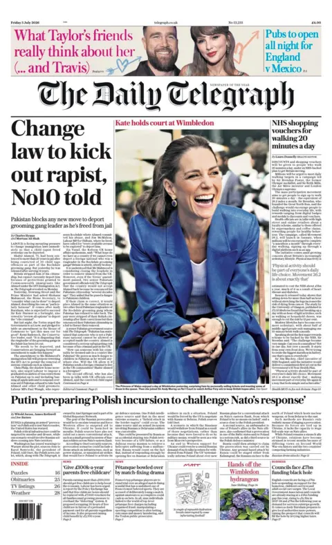 "Change law to kick out rapist, No 10 told" reads the headline on the front page of the Daily Telegraph.