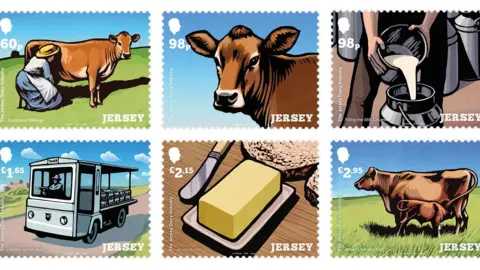 A montage of six stamps which are illustrations of dairy-related scenes. They are a woman milking a Jersey cow (60p), the face of a Jersey cow (98p), a man pouring milk from a bucket into a churn (98p), a milk float (£1.65), a block of butter next to a slice of bread and a knife (£2.15) and a Jersey calf suckling from its mother in a field (£2.95).