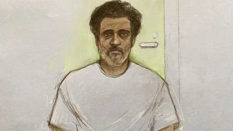 Elizabeth Cook/PA Court artist drawing of Ajay Pant, wearing a grey t-shirt sat in front of a bright door