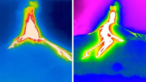 INGV Thermal imaging cameras show the Mount Etna eruption earlier on Monday