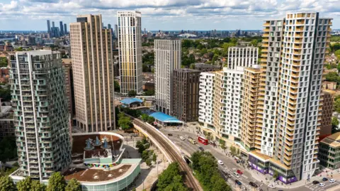 Getty Images Several new high-rise residential tower blocks clustered around a transport hub in suburban London. 