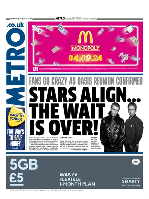 The main headline on the front page of Metro reads: “Stars align…the wait is over”