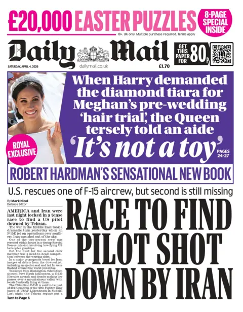 "Race to find pilot shot down by Iran" reads the headline on the front page of the Daily Mail.