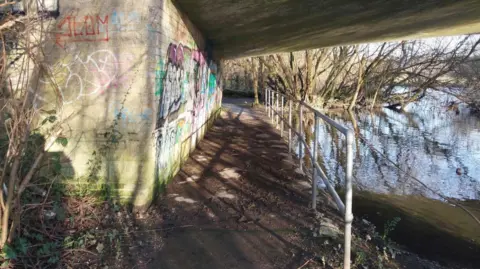 A footpath beside a river, leading under a road bridge
