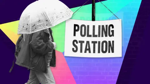 Image shows a brightly coloured background, purple, green, pink and yellow blocks with a white sign on top that reads "polling station" in black writing. To the left of the sign is a black and white image of a person walking with an umbrella. Their face is covered by the umbrella.