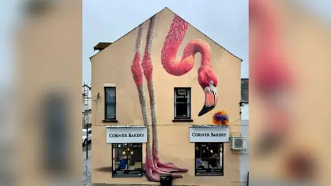 Cumberland Council An example of a mural by Blank Wall Assassins' artist Woskerski. It is a flamingo bent down to look at a colourful object. It is painted on the side of a building with the sign "Corner Bakery" above its two windows.