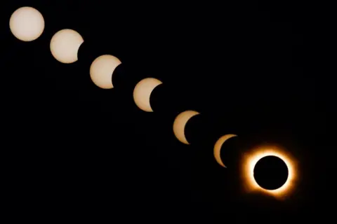 Reuters A series of images from top left to bottom right of the Moon covering more and more of the Sun until a total eclipse can be seen in the bottom corner.