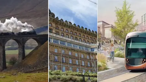 A collection of images from left to right  - a steam train on a viaduct, a large Victorian building and an artist's impression of a tram