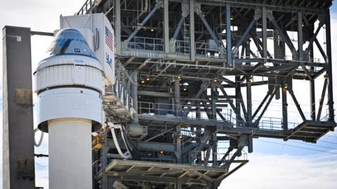 The United Launch Alliance (ULA) Atlas V rocket sits at Space Launch Complex 41 at Cape Canaveral Space Force Station at Kennedy Space Center, Florida, on May 5, 2024. 