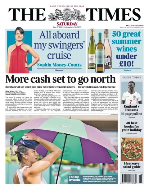 The headline on the front page of the Times reads: "More cash set to go north."