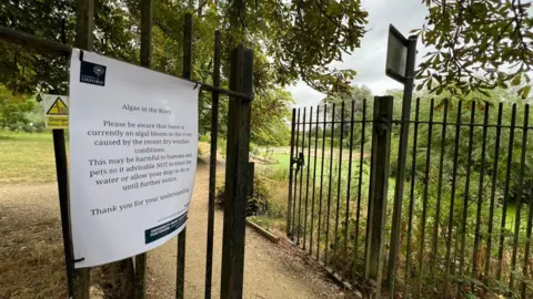 Isabella Harris/LDRS A sign warning people about the algal bloom on the River Cherwell at University Parks.