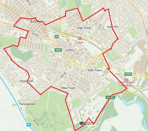 Bedfordshire Police Map of area where Section 60 has been imposed