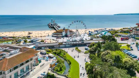 A wide aerial shot of Bournemouth beach
