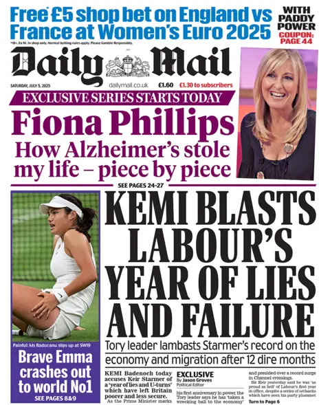 "Kemi blasts Labour's year of lies and failure" headlines Daily Mail