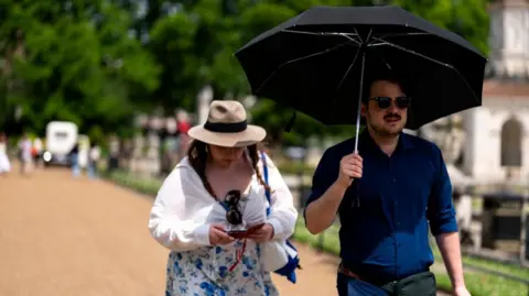 PA Media A man and woman walking side by side through a park in the sunshine. She is wearing a straw hat and floral dress with a white shift tied over, he is bearded, carrying a black umbrella for shade and wearing a blue shirt and black trousers