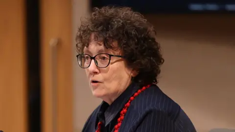 Senedd Cymru Elin Jones has glasses, brown curly hair, and wearing a blue pinstriped jacket.