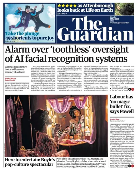 The headline on the front page of the Guardian reads: "Alarm over 'toothless' oversight of AI facial recognition systems." 