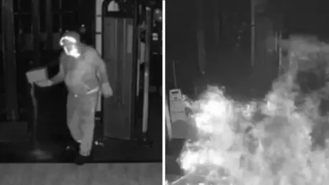 A man holding an item caught on CCTY and a composite image of fire in the same location.