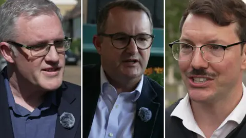 Composite image of three men who are candidates for council being interviewed for TV. Each man wears a shirt, suit jacket and glasses.