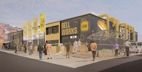 A drawing of a large, black, block-shaped building with angular metal supports and the words Bell Works on the outside. There are also people walking around it.