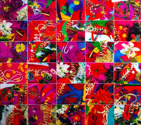 Chila Kumari Singh Burman Cecil and Kali by Chila Kumari Singh Burman. Brightly coloured modern artwork, in reds, purples and blues, abstract showing flowers and other materials. 