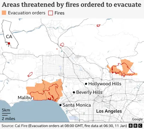 A map showing the areas ordered to evacuate in Los Angeles county, including a part of Malibu and an area near Hollywood Hills. 