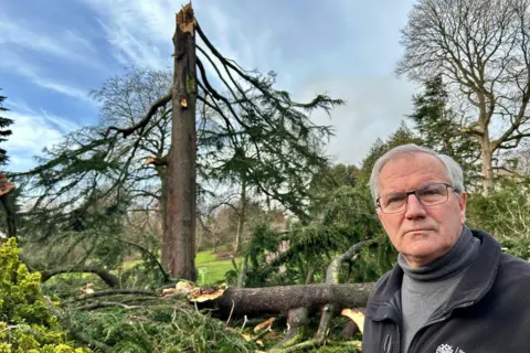 Simon Milne beside the fallen tree. A large stump remains. Mr Milne has grey hair and is wearing glasses and a blue fleece.