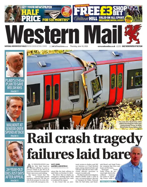 Western Mail The front page of Western Mail. The main headline reads: Rail crash tagedy failures laid bare. Above it is an image of a crashed train. Other headlines read: 'walkout at Senedd over spend attack', '24-year-old dies just days after appeal', and 'Plaid's £145m plan to save Welsh NHS'.