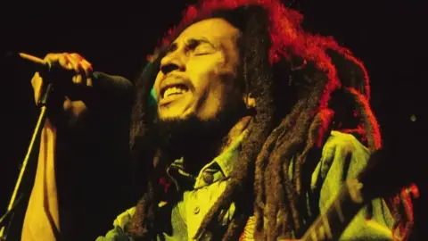 The reggae star Bob Marley. He is performing on stage and his eyes are closed as he grasps a microphone stand. 