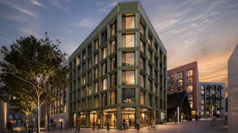 An AI generated image of a new building for Northampton Town Centre. It shows trees to the left, people walking past, buildings at the front and behind, and a number of flats. The colours are muted. 